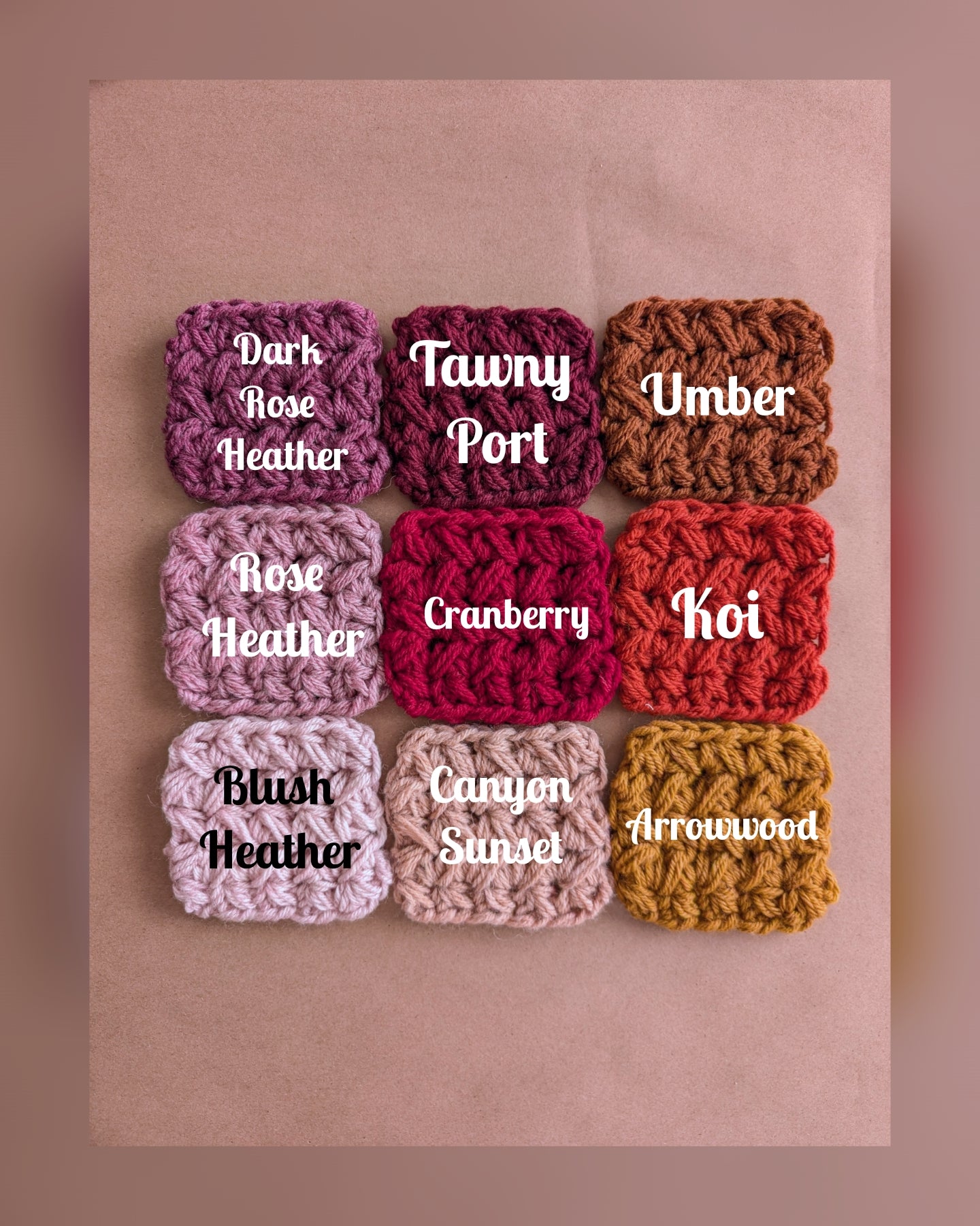 Nine crocheted squares in various colors with labels on a brown background.
