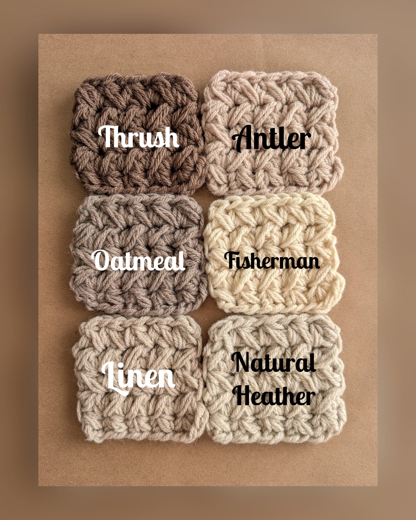 Six crocheted squares in different colors with labels on a brown background