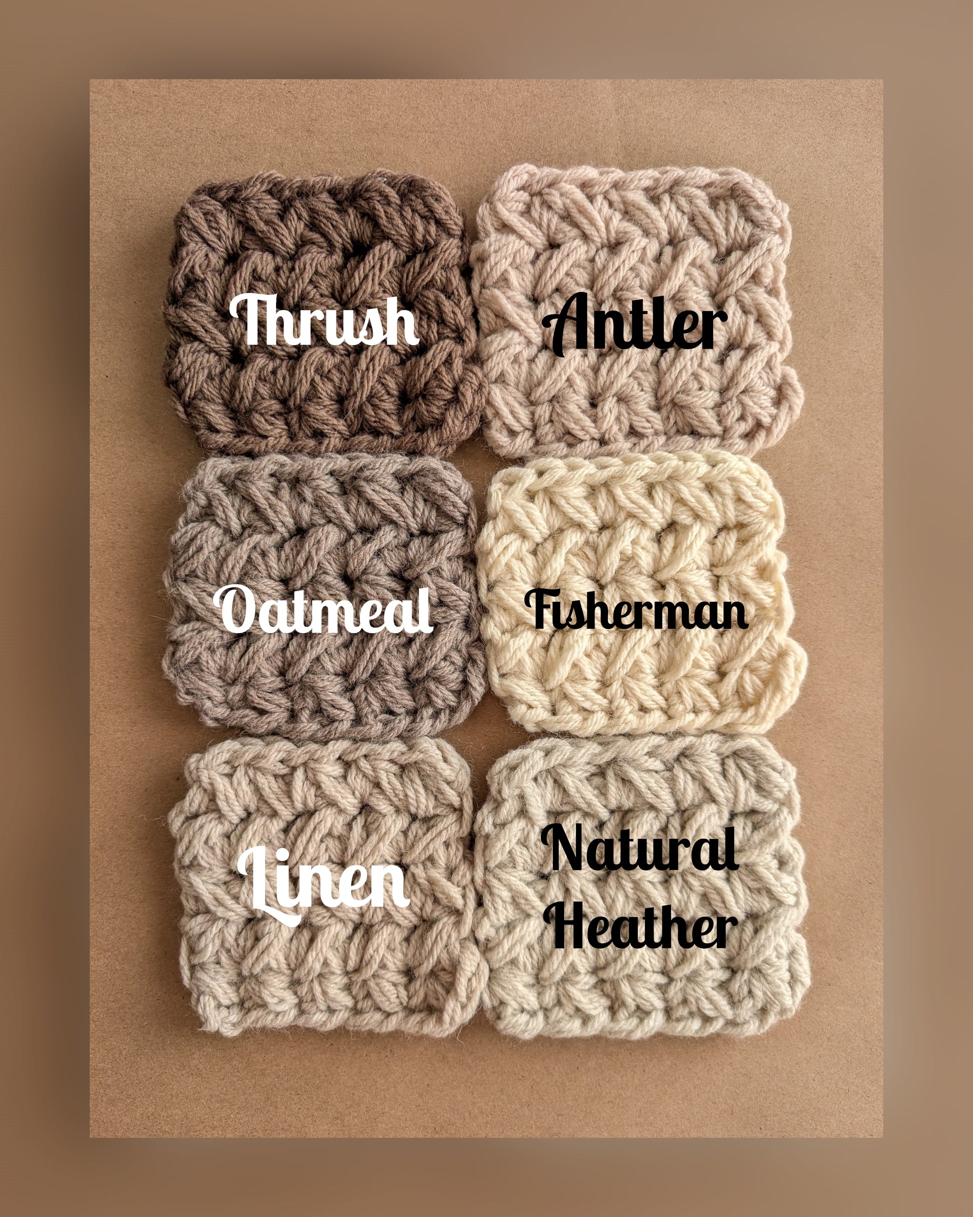 Six crocheted squares in different colors with labels on a brown background