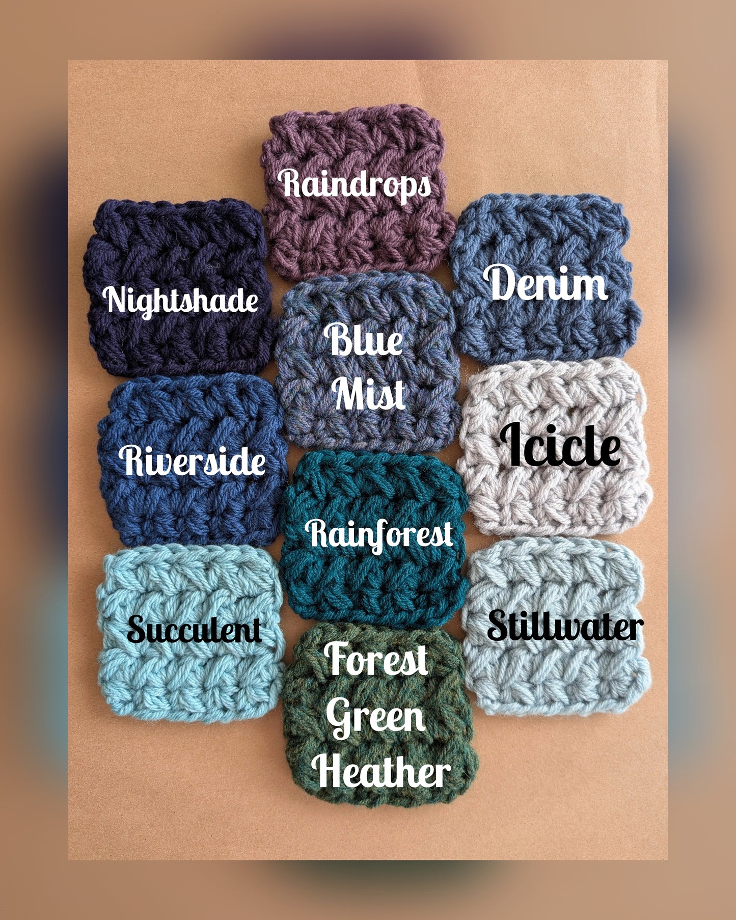 Collection of crocheted squares in various colors with labeled names on a brown background.