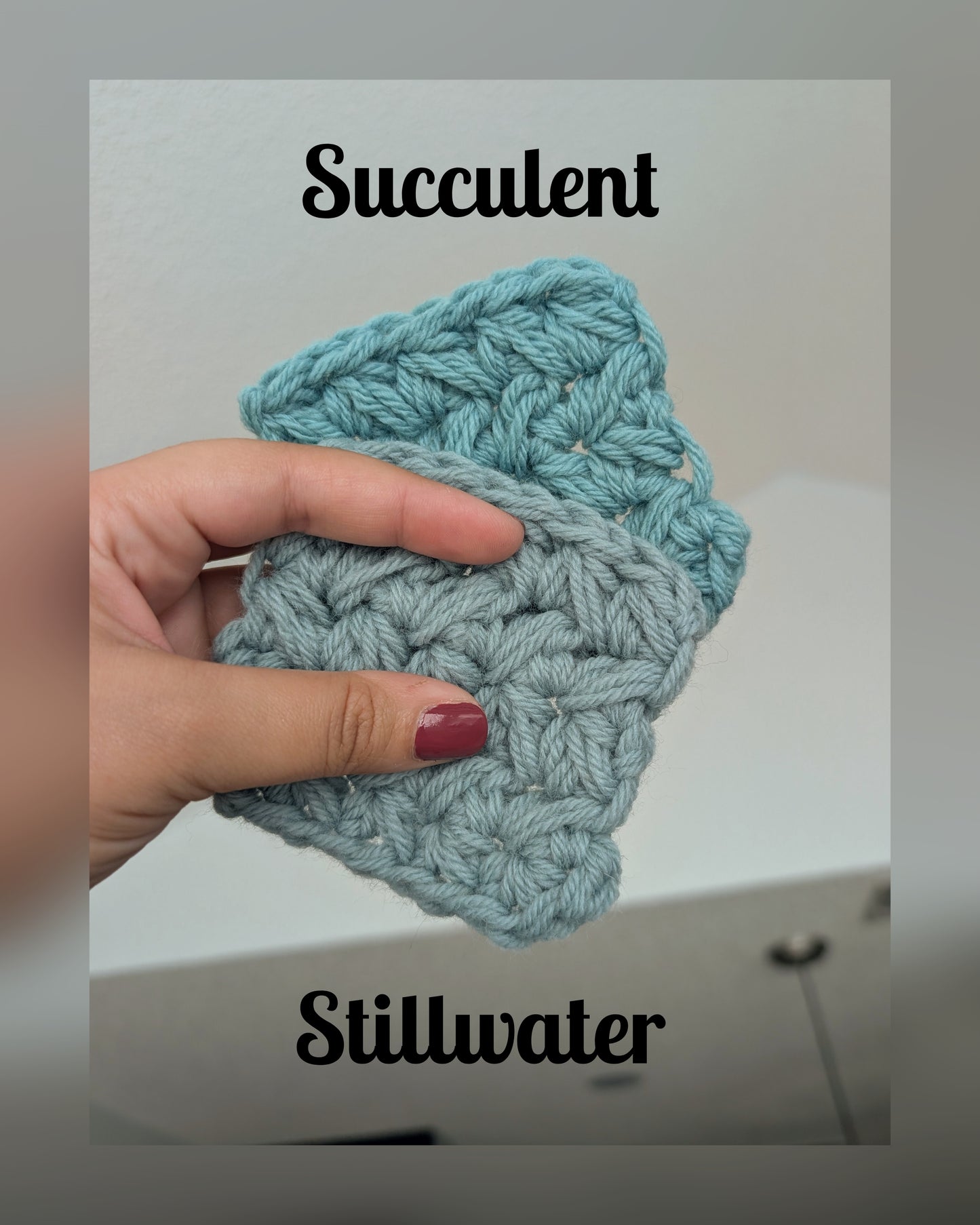 Hand holding a teal crocheted square with 'Succulent Stillwater' text overlay