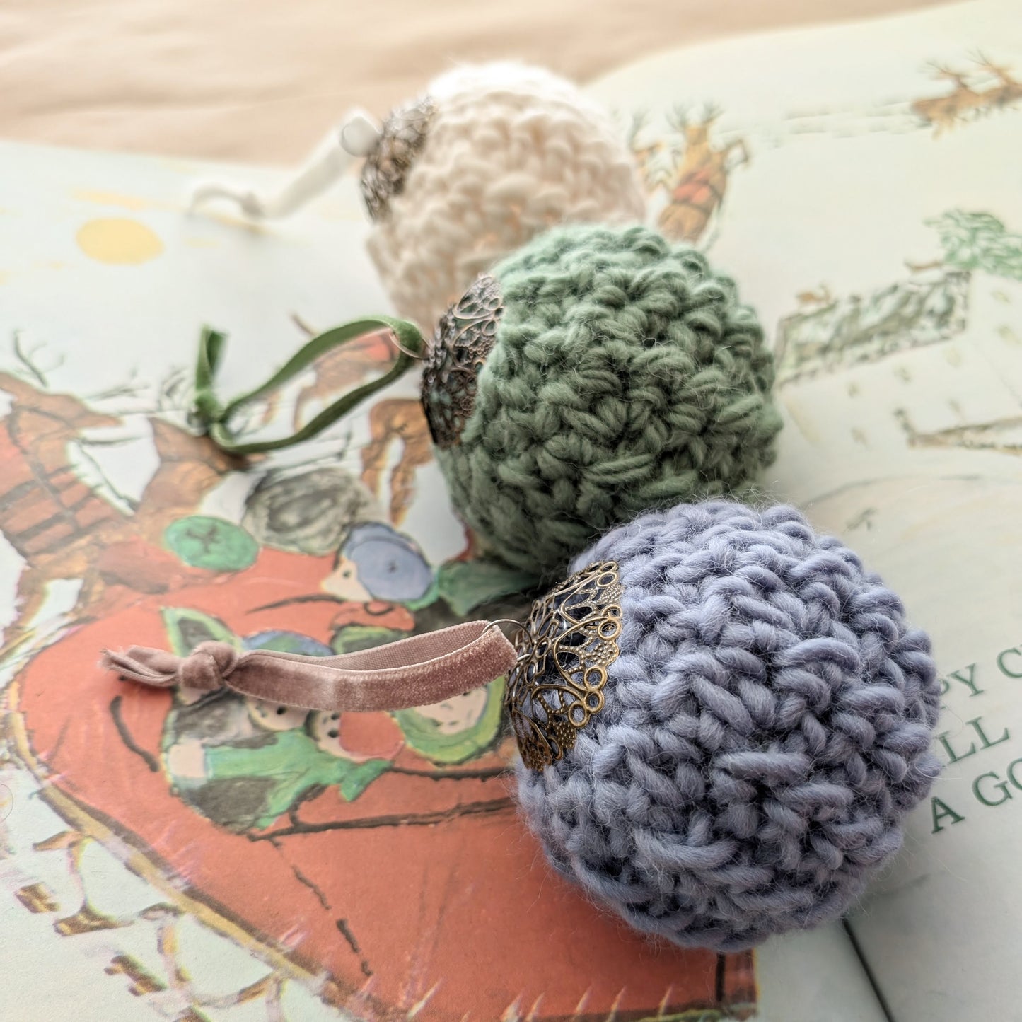 Handmade Wool Bauble Ornaments Crochet 100% Wool Rustic Cozy